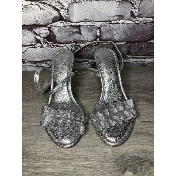 GOOD AMERICAN Metallic Silver Leather Strap Heeled Sandals Women Sz 7M US/37.5EU - Picture 14 of 16
